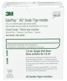 3M™ SoluPrep™ Small Swabs 102.07 is a clear, alcohol-free solution of 2% w/v Chlorhexidine Gluconate CHG)